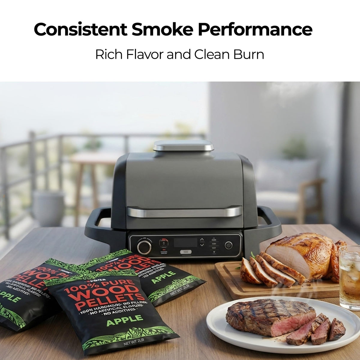 Kona Apple Smoker Pellets bag open, ready to scoop for gentle fruity smoke.