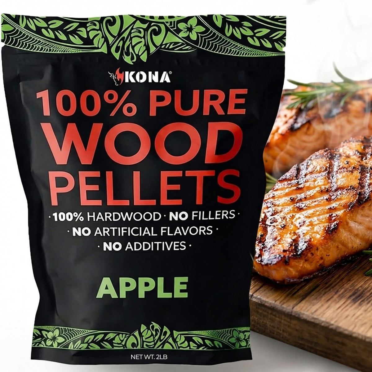 Kona Apple Smoker Pellets bag packaging, resealable for freshness and consistent flavor.