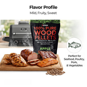 Kona Apple Smoker Pellets poured into charcoal for balanced wood-fired aroma.