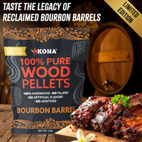 Kona Bourbon Barrel Pellets release oak-charred sweetness to meats and vegetables when smoked