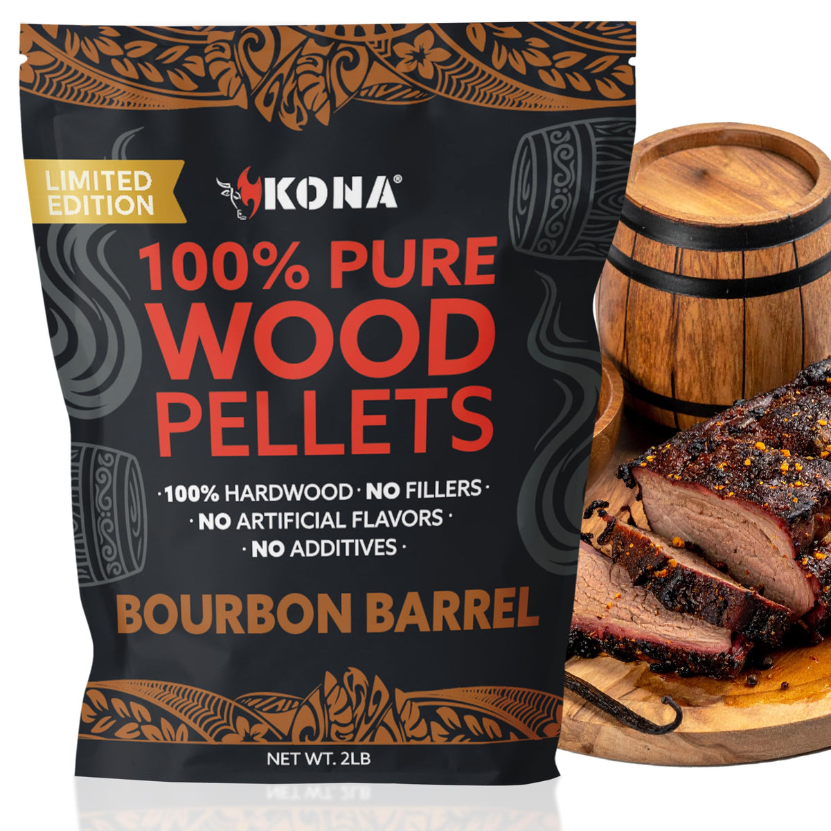 Kona Bourbon Barrel Pellets bag shows vanilla and caramel aromas for refined grilling