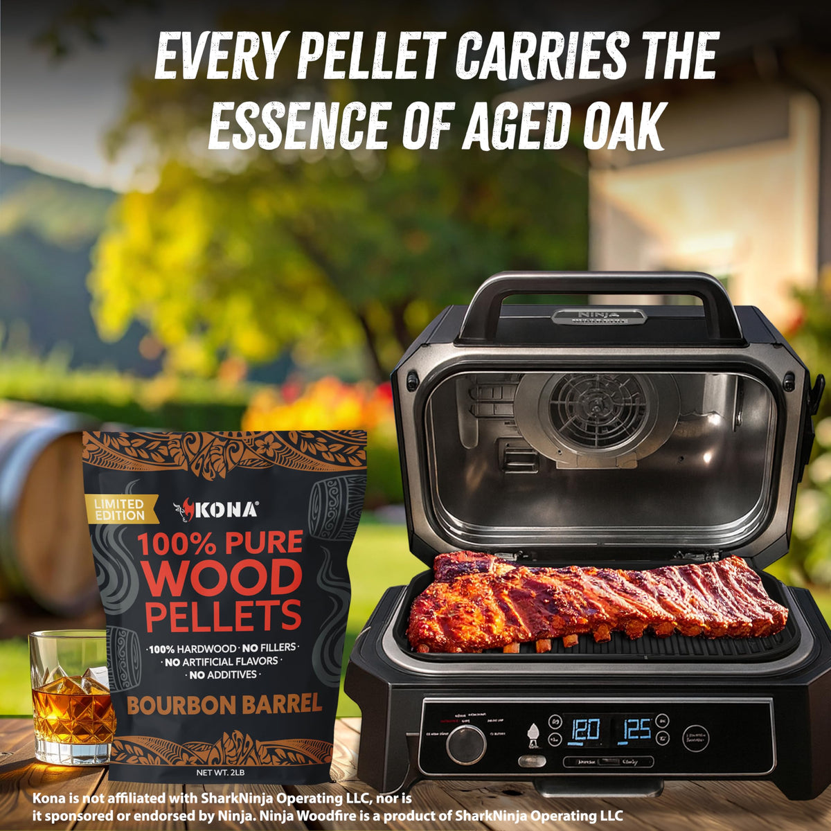 Kona Bourbon Barrel Pellets sprinkled on charcoal add vanilla caramel notes with balanced smoke