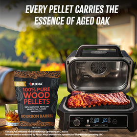 Kona Bourbon Barrel Pellets sprinkled on charcoal add vanilla caramel notes with balanced smoke