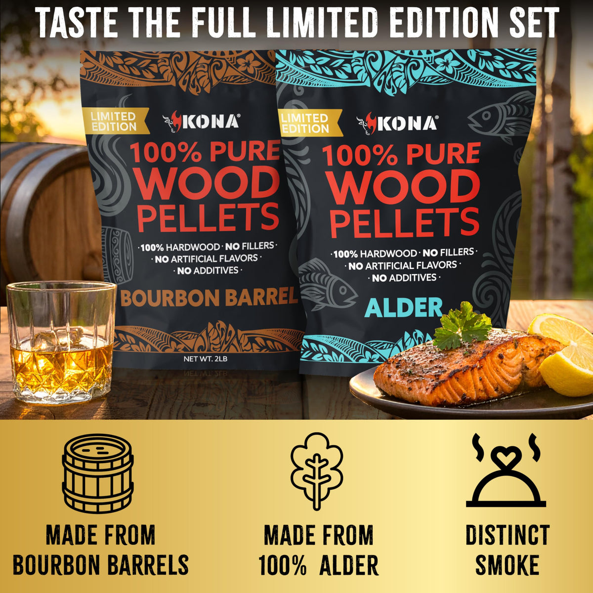 Kona Bourbon Barrel Pellets packaging keeps pellets fresh in a resealable 2lb bag
