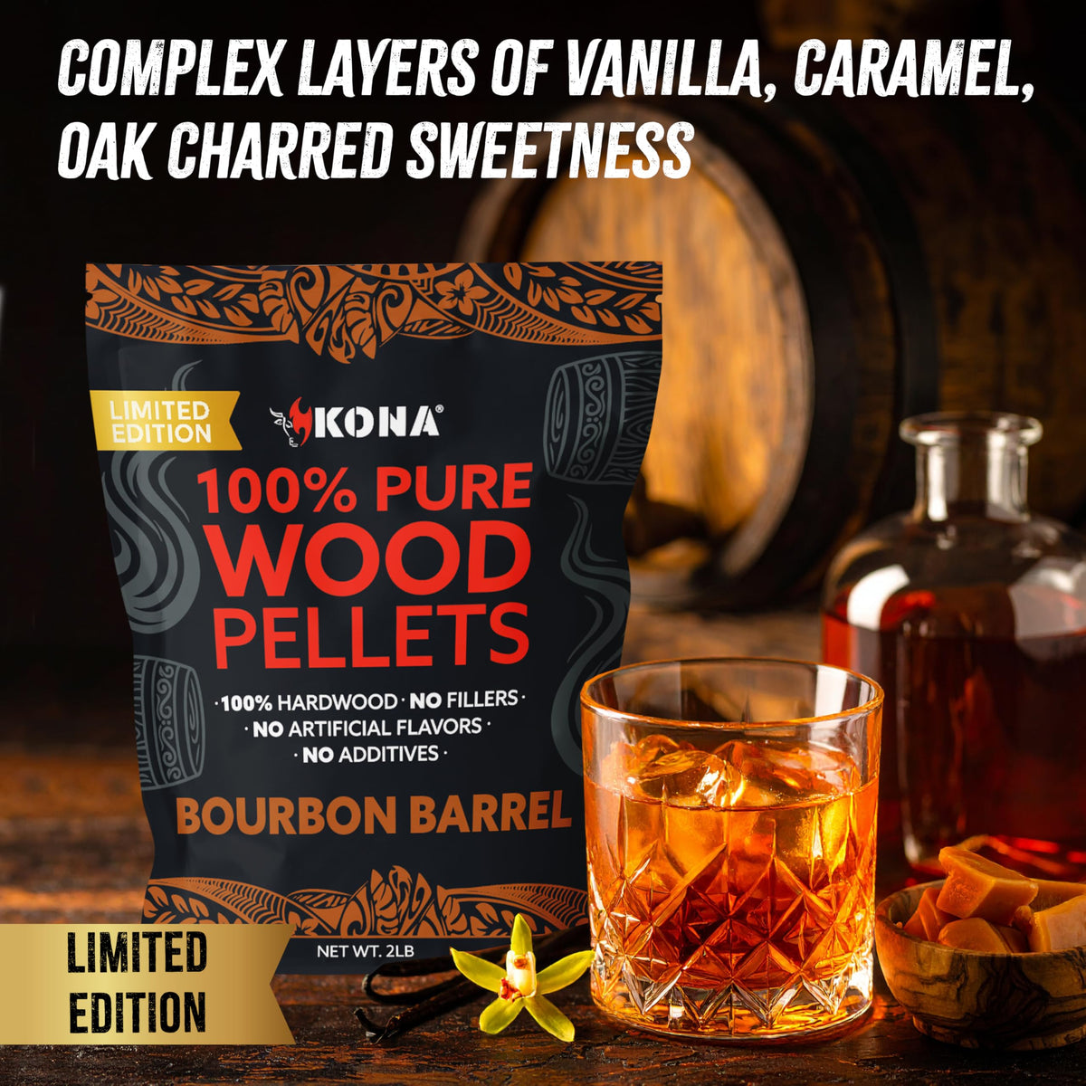 Kona Bourbon Barrel Pellets in smoker tube deliver subtle vanilla smoke for deeper flavor