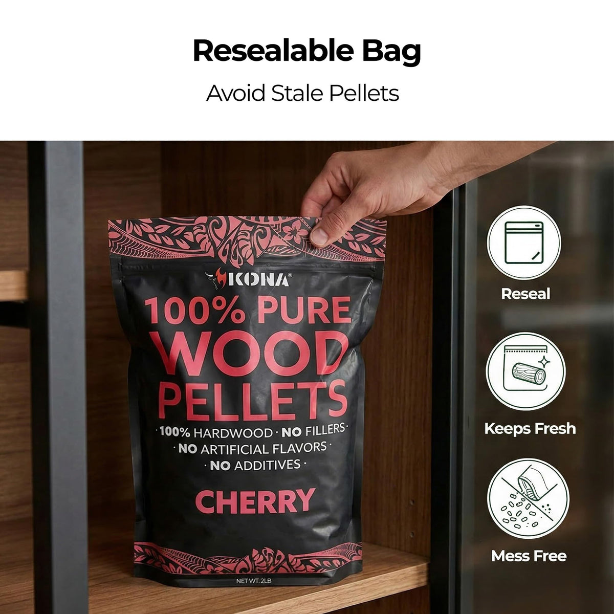 Kona Cherry smoker pellets charcoal addition image suggests easy flavor boost.