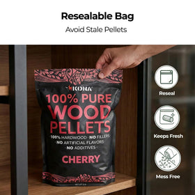 Kona Cherry smoker pellets charcoal addition image suggests easy flavor boost.