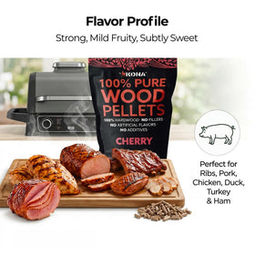 Kona Cherry smoker pellets packaging label highlights 2 lb resealable bag.