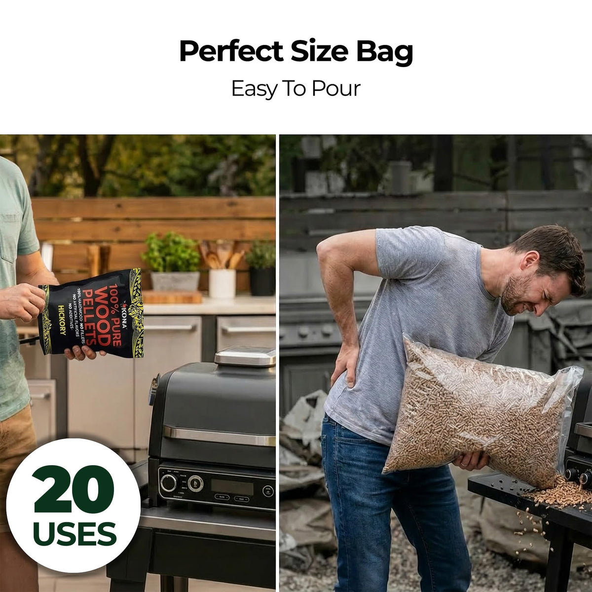 Kona bag reseal keeps pellets fresh for consistent, convenient grilling sessions.