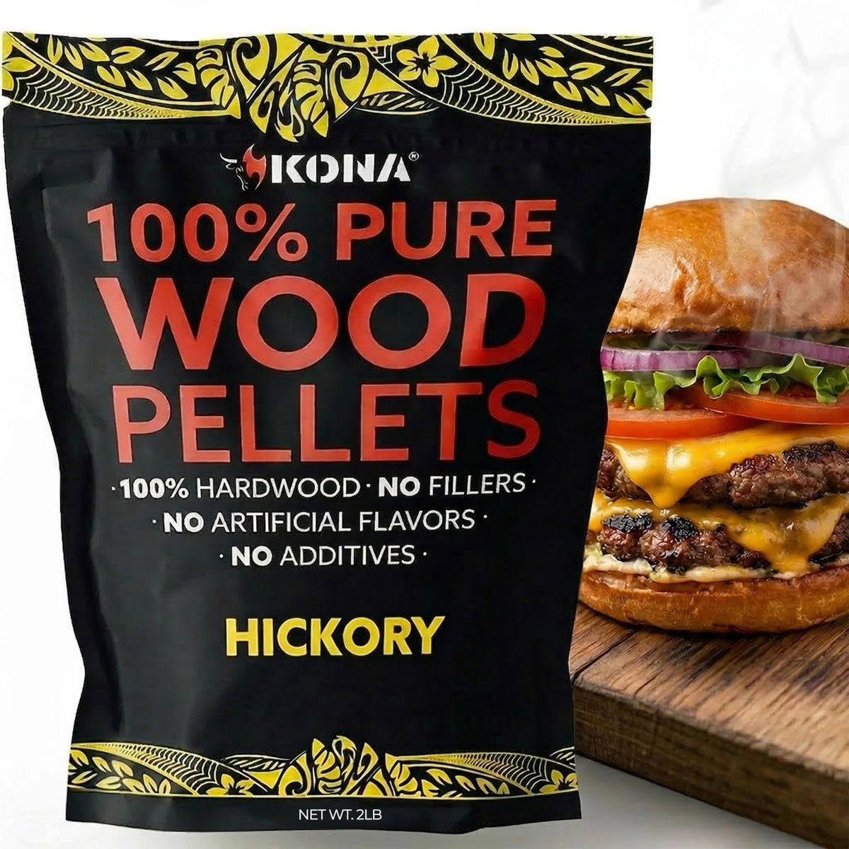Kona 100% Hickory smoker pellets bag on display for easy grilling and rich flavor.