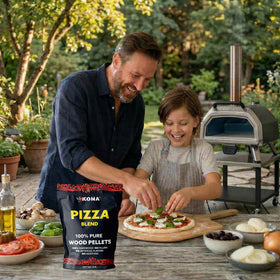 Kona pellets in grill session ready for tasty pizza.