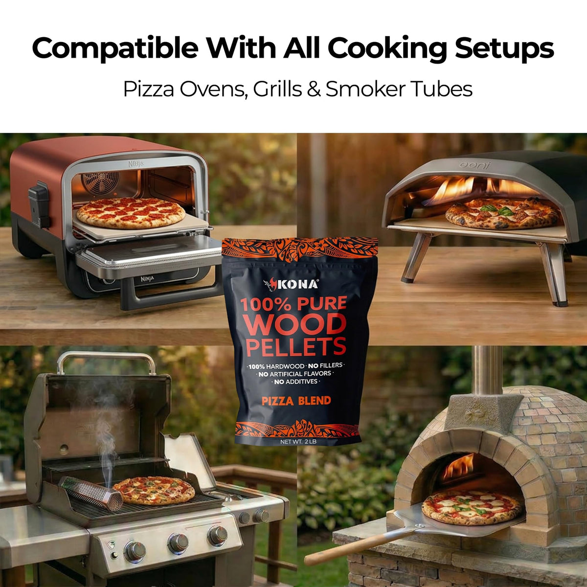 Kona Pizza Blend pellets closeup designed for Ninja Woodfire and Ooni ovens.
