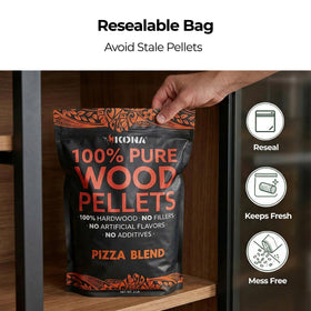 Kona Pizza Blend pellets in use for even heat and enhanced pizza flavor.