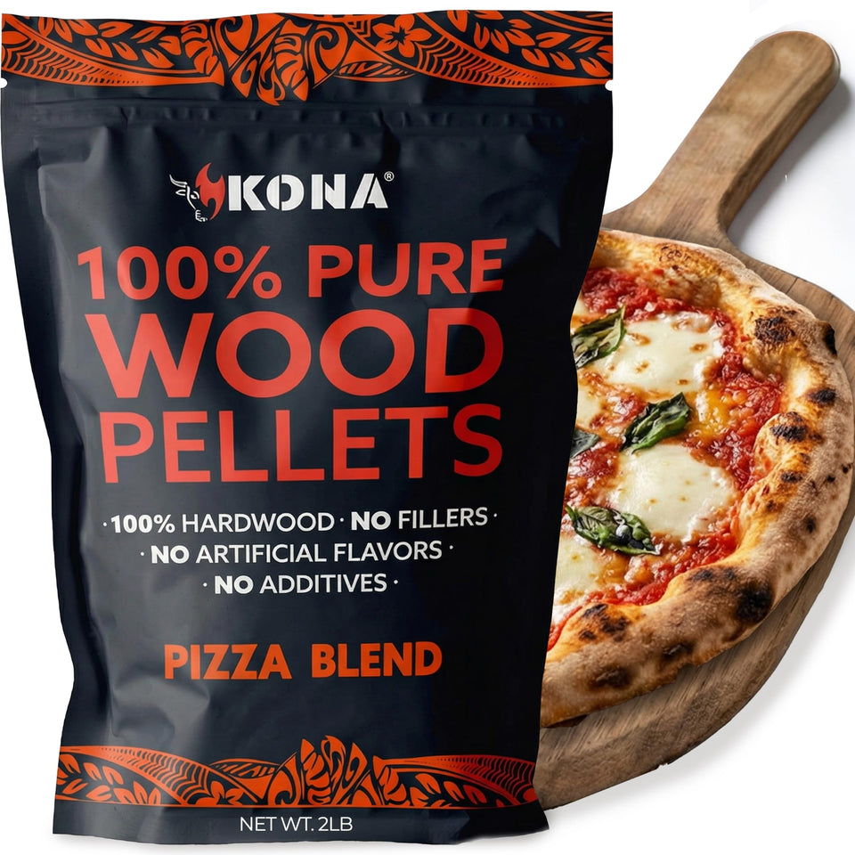 Kona Pizza Oven Pellets in a 2lb bag, ready for authentic smoky pizza flavor.