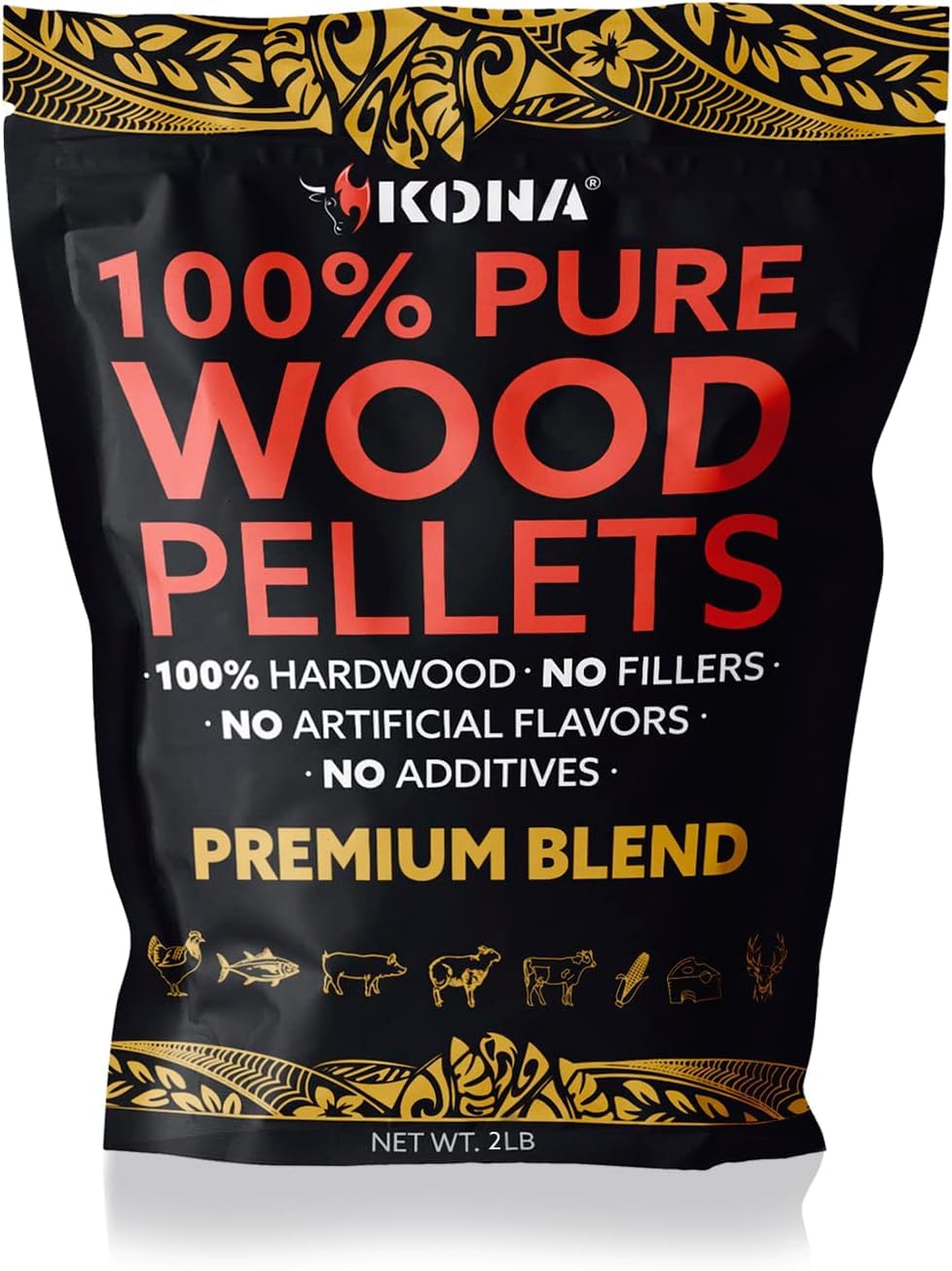 Kona Premium Blend Indoor Smoker Pellets bag closeup showing resealable freshness.