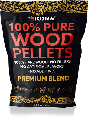 Kona Premium Blend Indoor Smoker Pellets bag closeup showing resealable freshness.