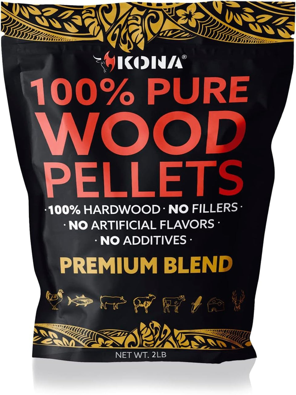 Kona Premium Blend Indoor Smoker Pellets bag closeup showing resealable freshness.