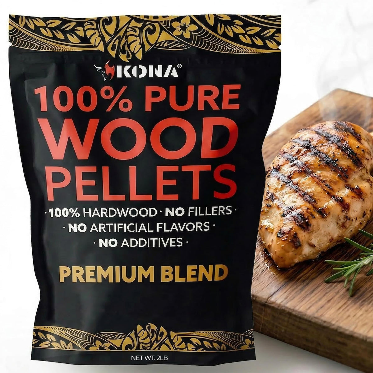 Kona Premium Blend pellets bag front view highlights authentic wood-smoke flavor for versatile grilling