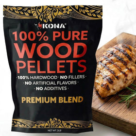 Kona Premium Blend pellets bag front view highlights authentic wood-smoke flavor for versatile grilling