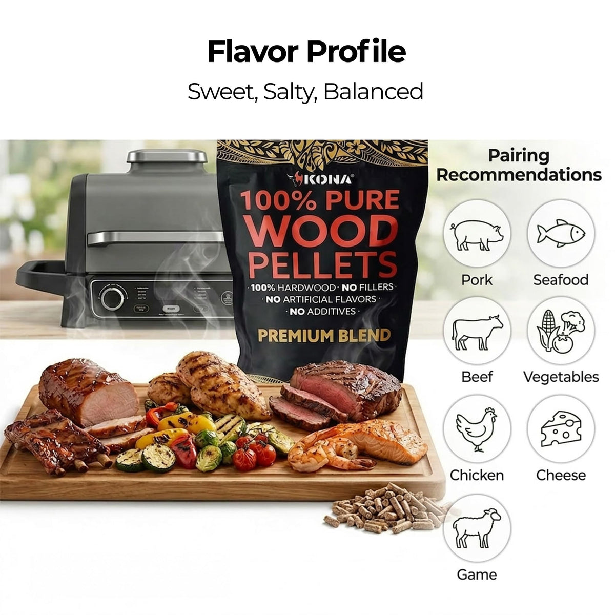 Kona Premium Blend pellets dispense into charcoal shows easy flavor boost for smoky results