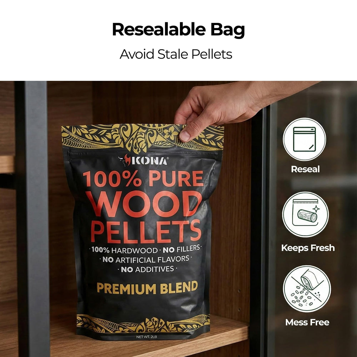 Kona Premium Blend pellets on Ninja Woodfire setup suggests compatible, convenient outdoor grilling