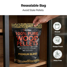 Kona Premium Blend pellets on Ninja Woodfire setup suggests compatible, convenient outdoor grilling