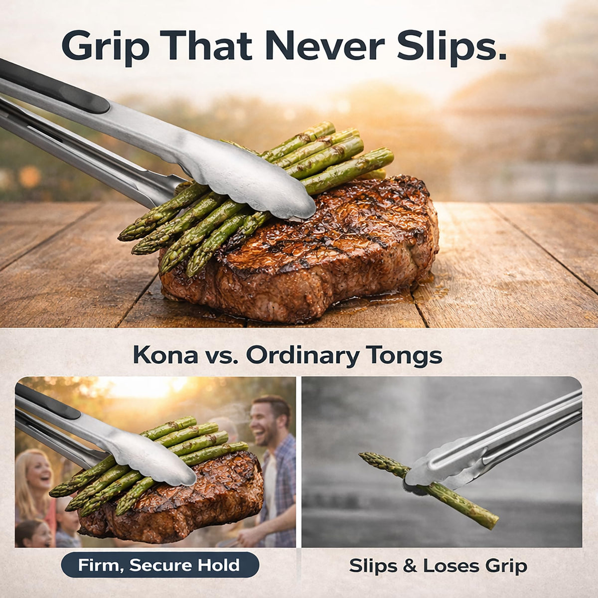 Kona Premium tongs in locked position demonstrate secure locking for easy storage.