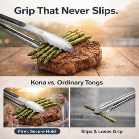 Kona Premium tongs in locked position demonstrate secure locking for easy storage.