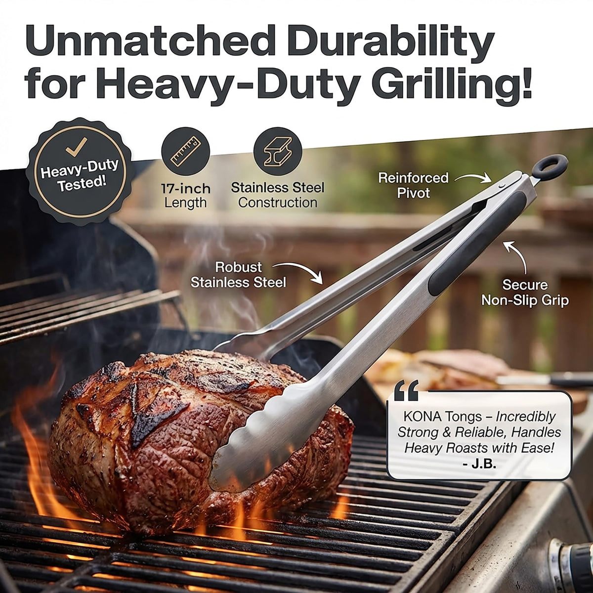 Kona Premium 17-inch long handle keeps hands away from heat.