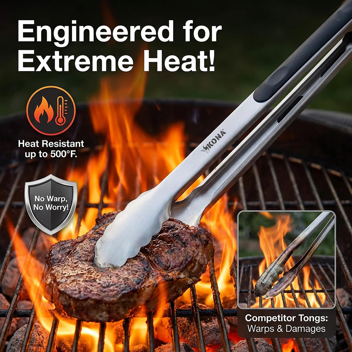 Kona Premium tongs with silicone tips offer heat-resistant grip.