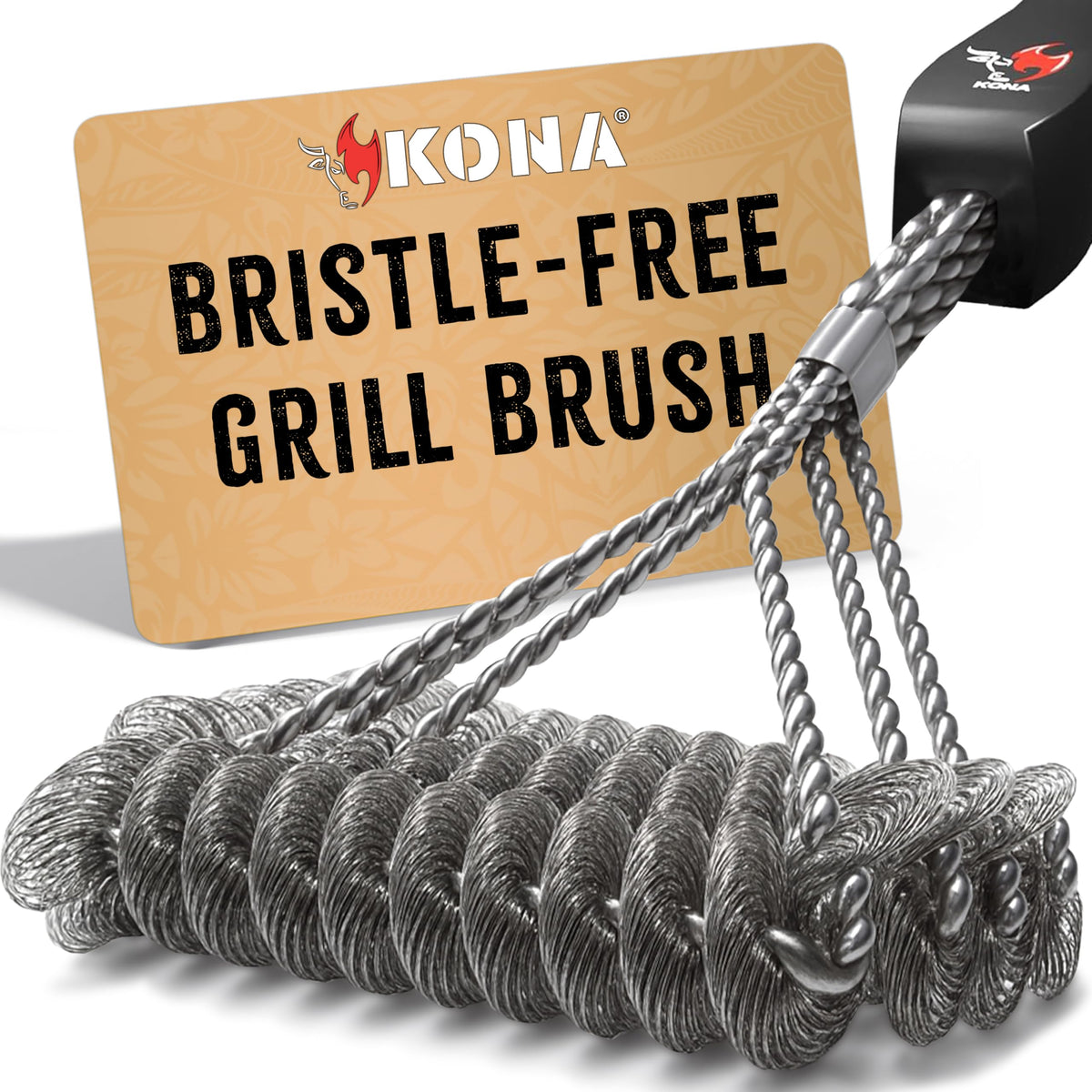 Kona Safe/Clean Grill Brush bristle-free design shown on a porcelain grill surface.