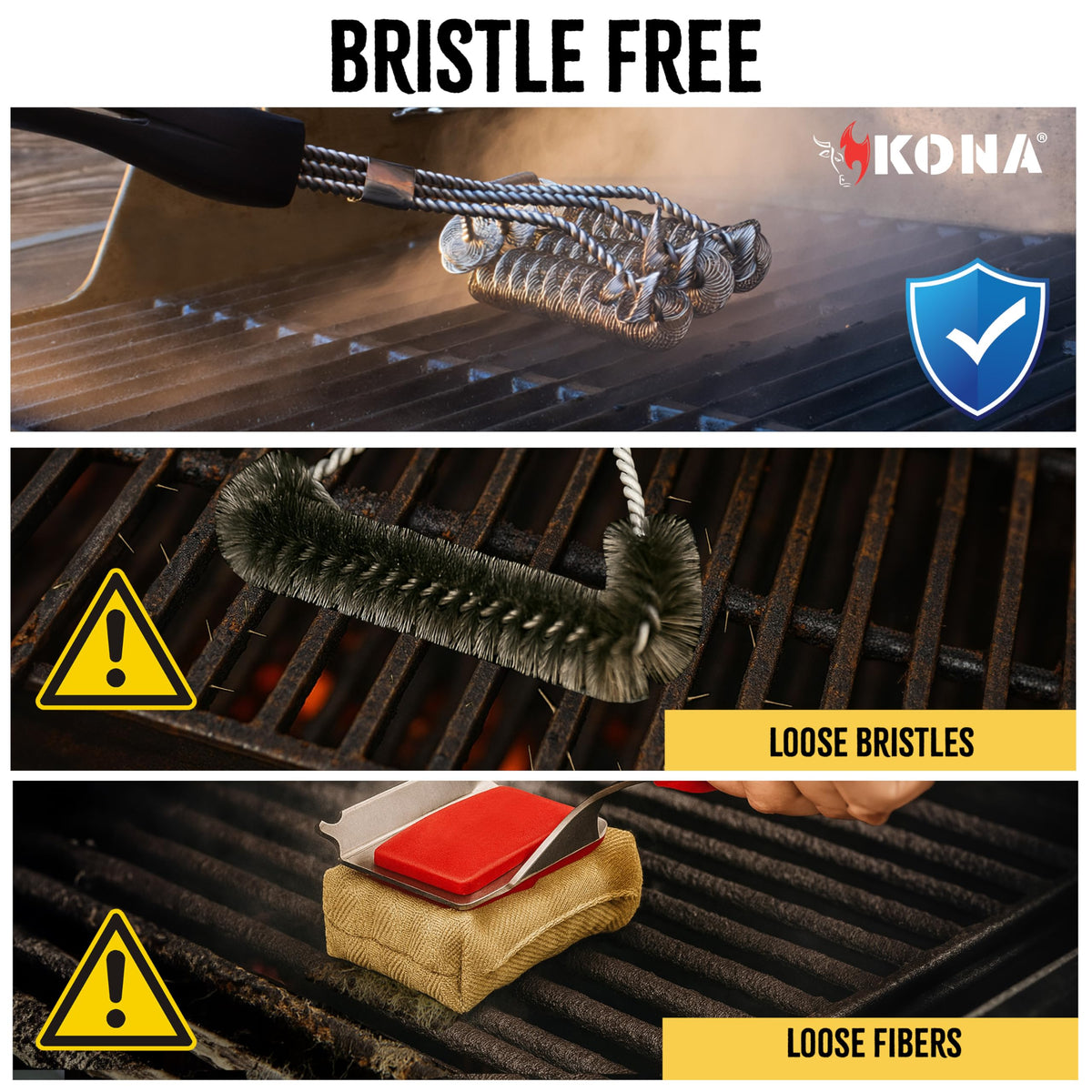 Kona Safe/Clean Grill Brush compatible with porcelain, ceramic, infrared grills.