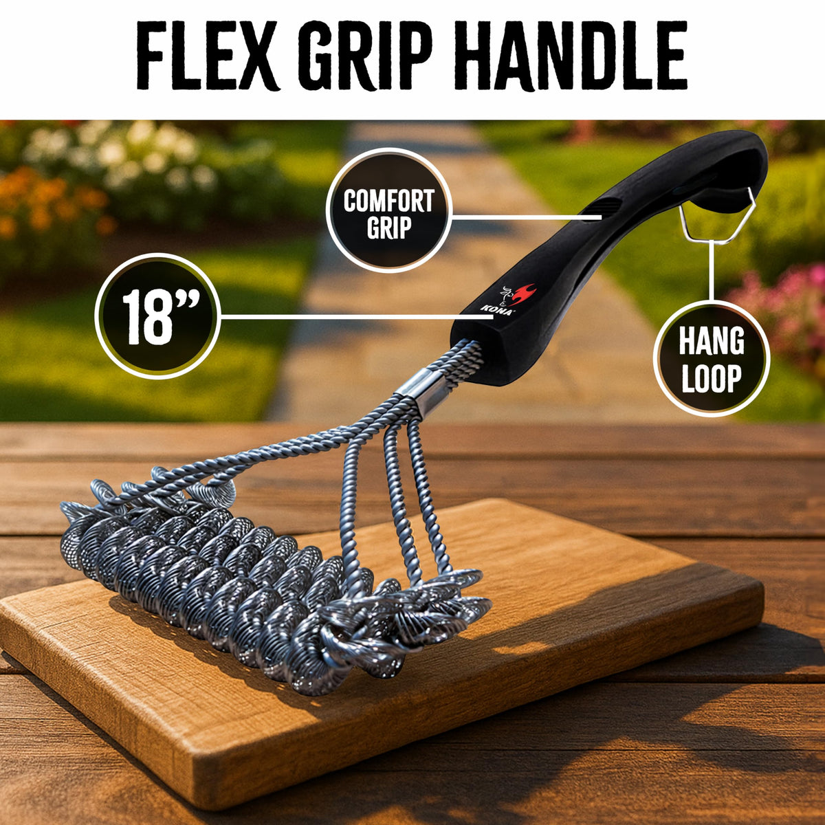 Kona Safe/Clean Grill Brush durable, rust-resistant stainless steel head under heat.