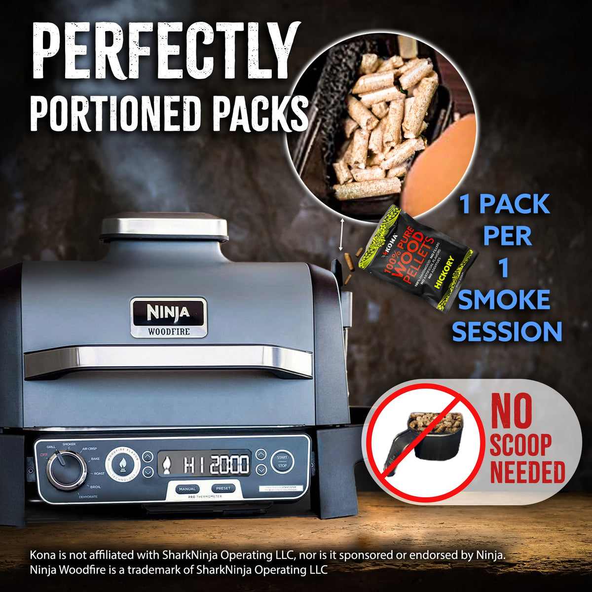 Tear and pour action with Kona Smoke Pods for Ninja Woodfire grilling