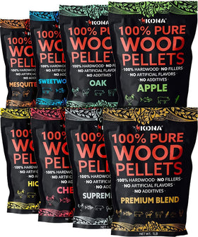 Kona Premium Blend wood pellets bag enhances rich, versatile grill flavor