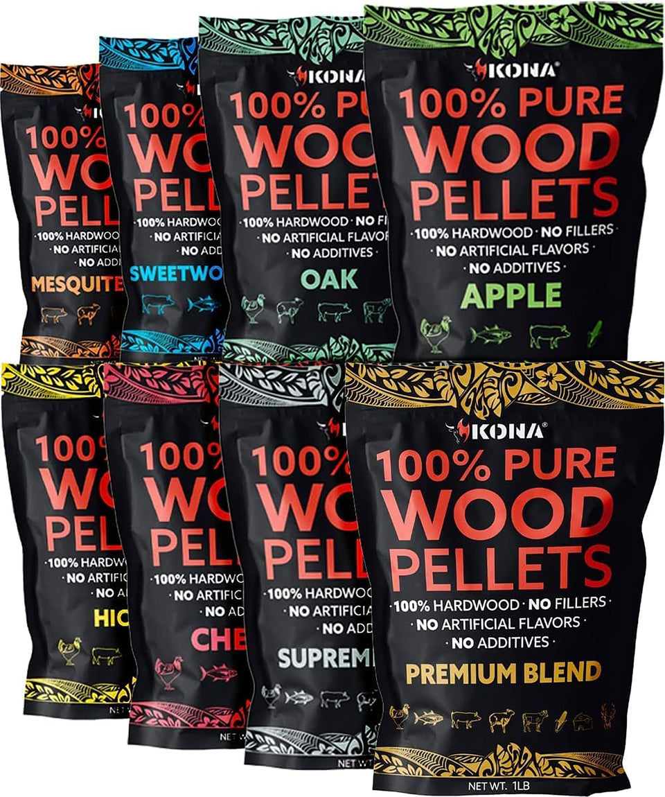 Kona Premium Blend wood pellets bag enhances rich, versatile grill flavor