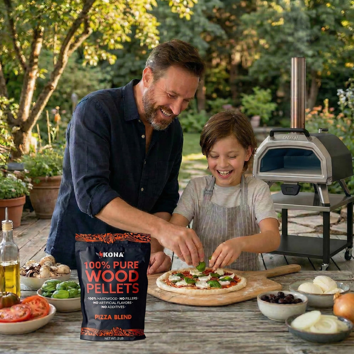 Kona wood smoker pellets aroma release close-up hints at savory pizza notes.