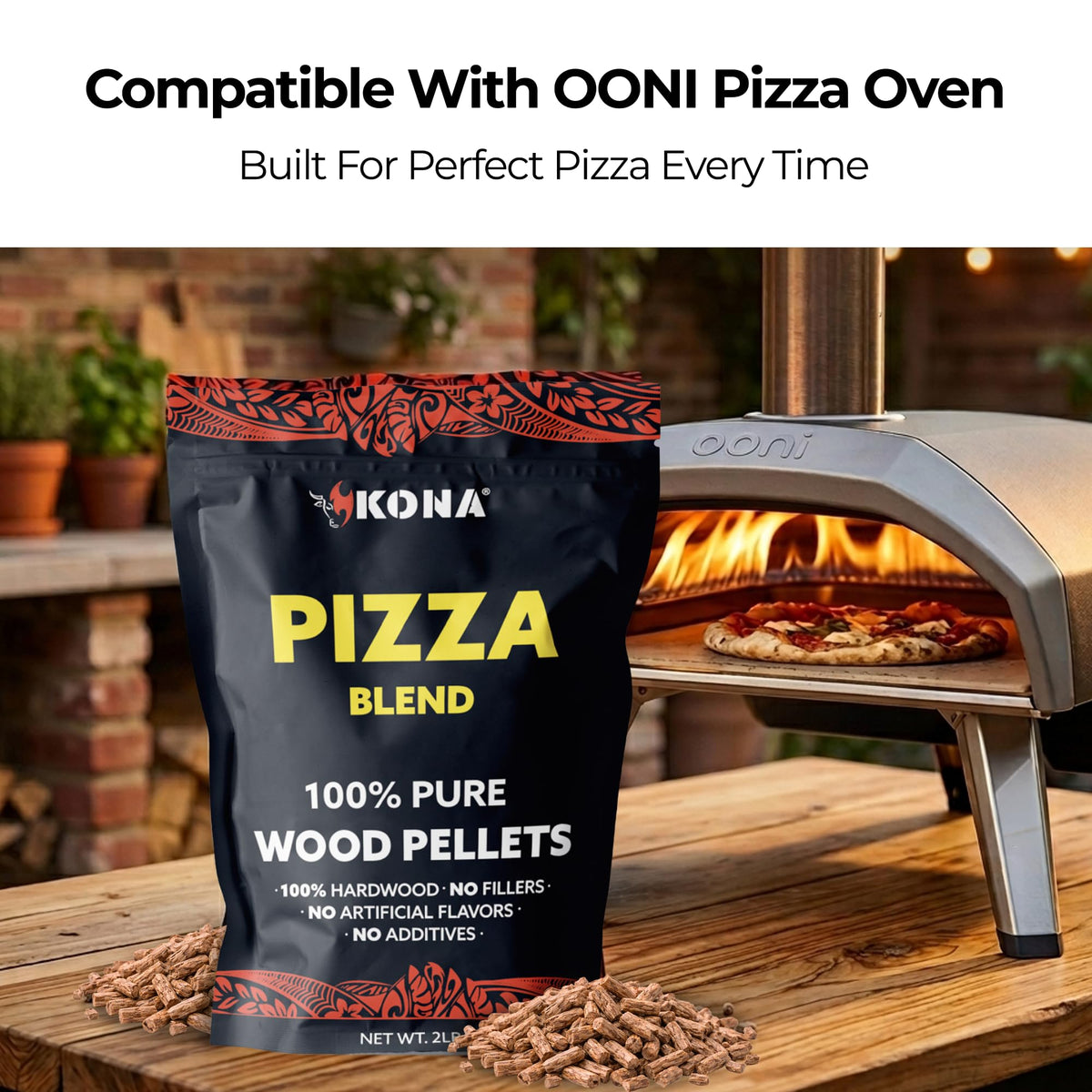 Kona wood smoker pellets pour for clean, steady burning and even heat.