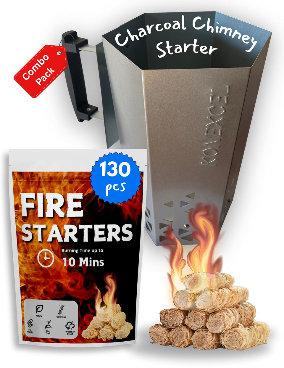 Konexcel charcoal chimney starter XL ready to ignite fast charcoal for grill.
