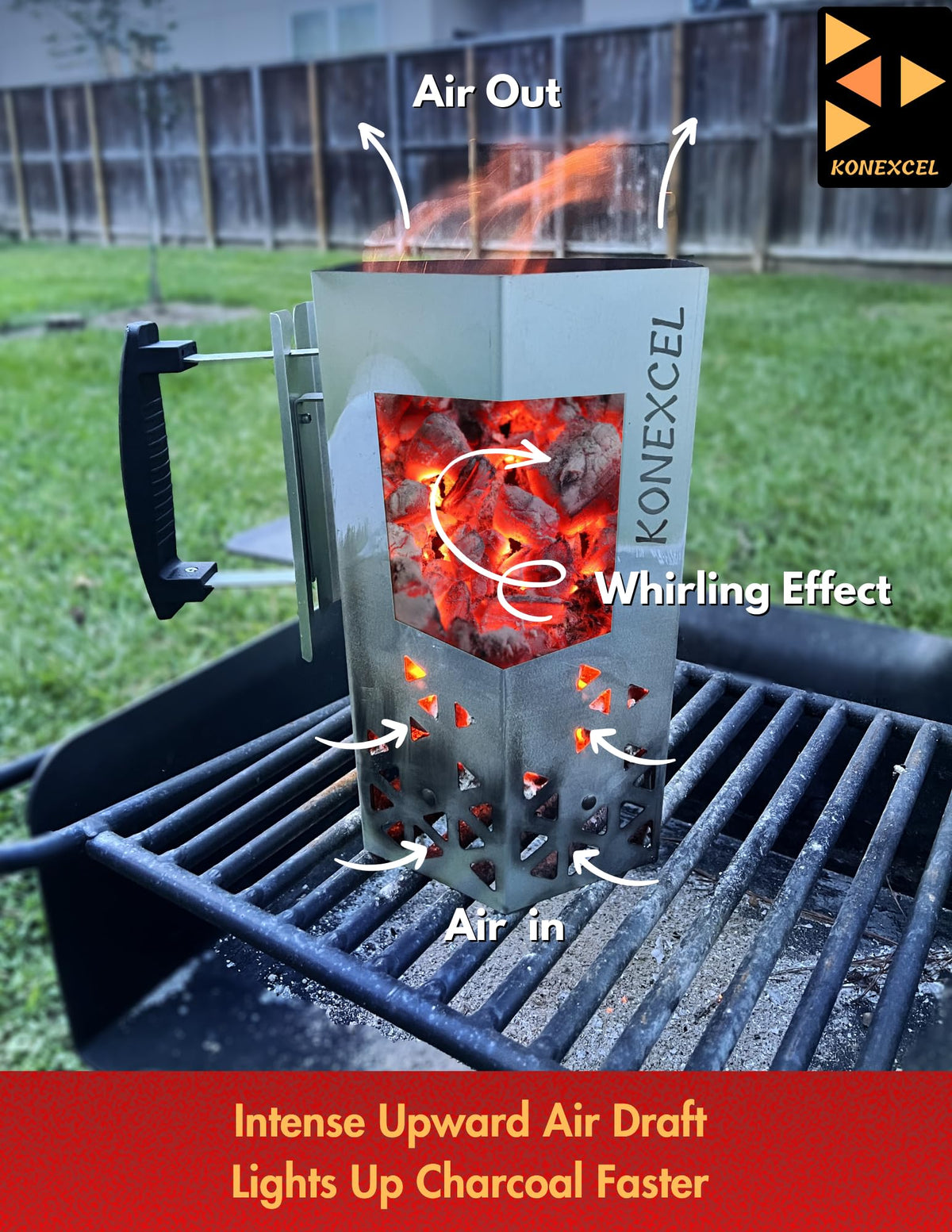 Konexcel heavy-duty charcoal starter body with heat shield for safe grilling.
