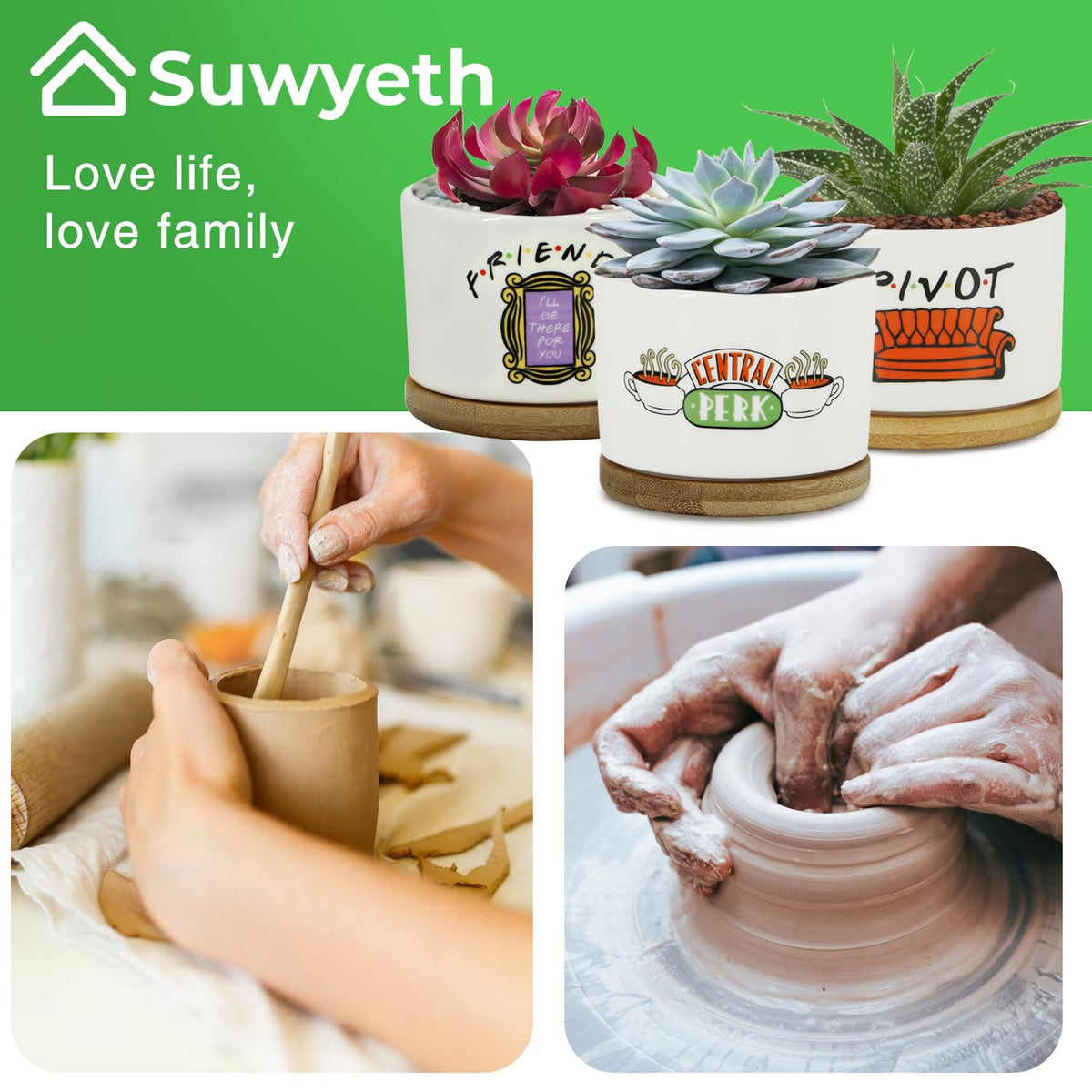 KONROOWEI Pot with drainage hole and bamboo saucer for moisture control.