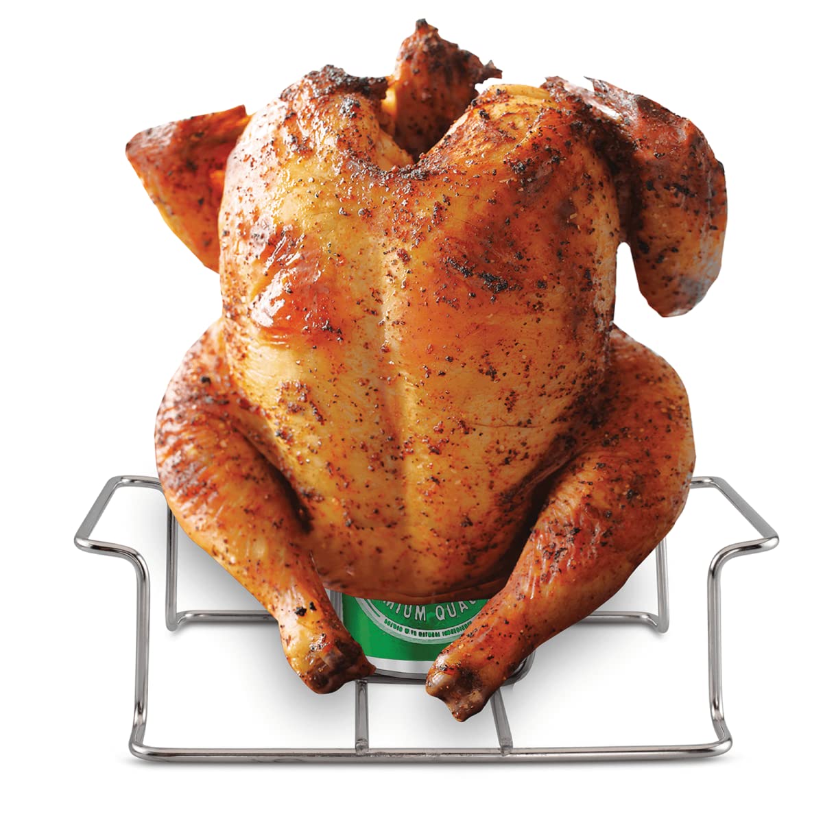 Koohere beer can chicken holder with handle for easy lifting on grill.