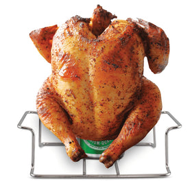 Koohere beer can chicken holder with handle for easy lifting on grill.