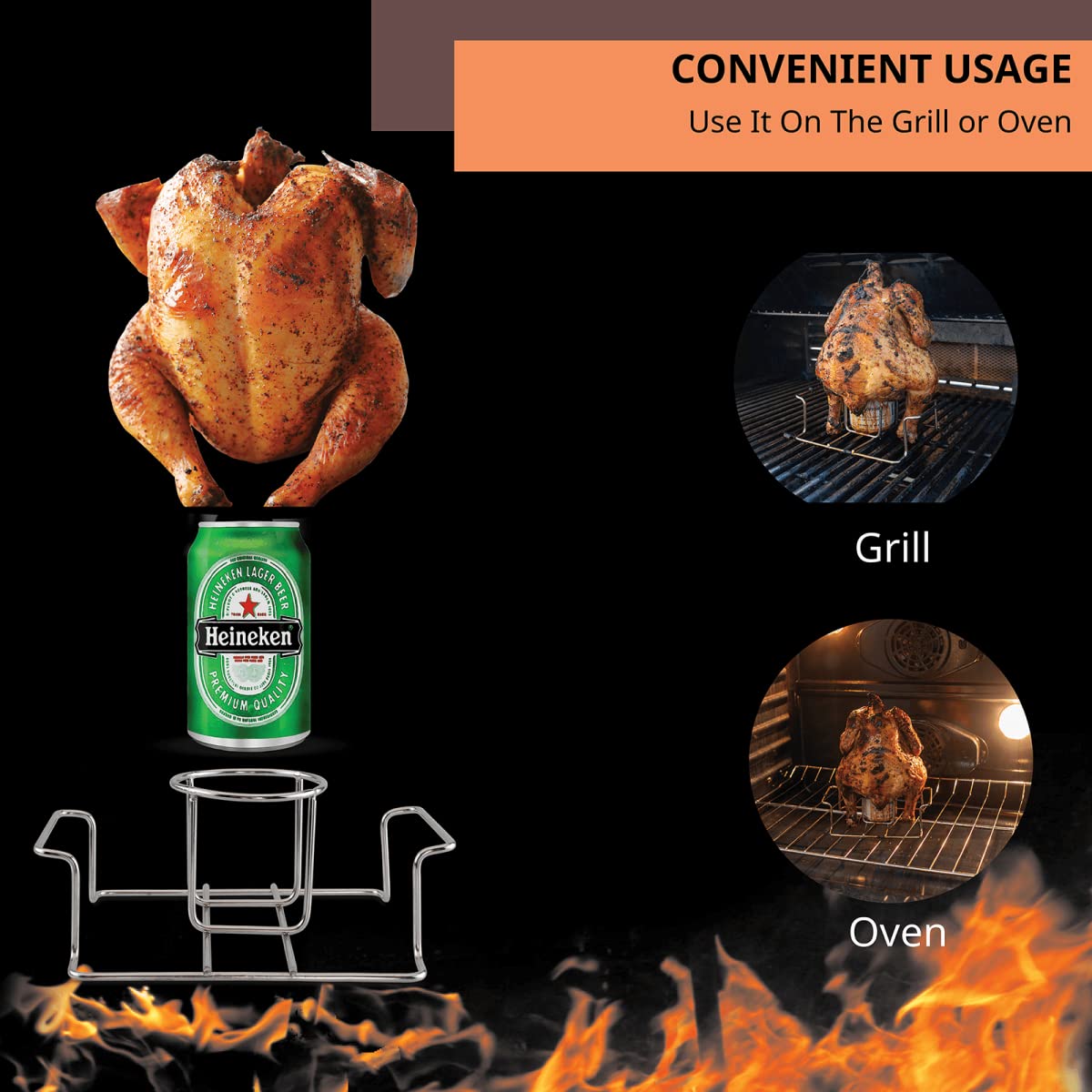Koohere beer can chicken holder on a grill ready for upright roasting.