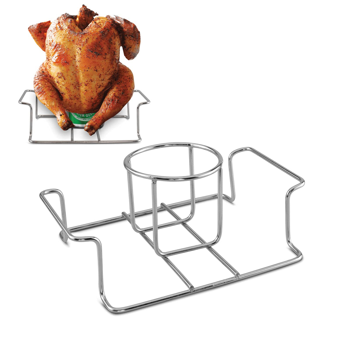 Koohere beer can chicken holder stands upright for even cooking.