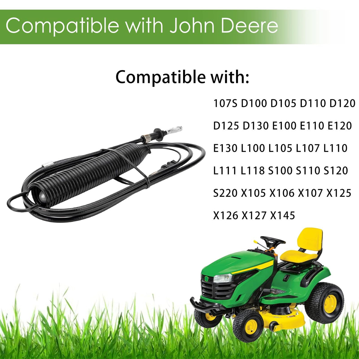 KOONDHEEND installation-ready PTO cable demonstrates easy replacement on John Deere models.