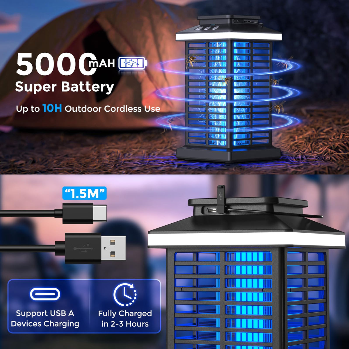 KOOSA Bug Zapper powered by a 5000mAh battery for long outdoor use.