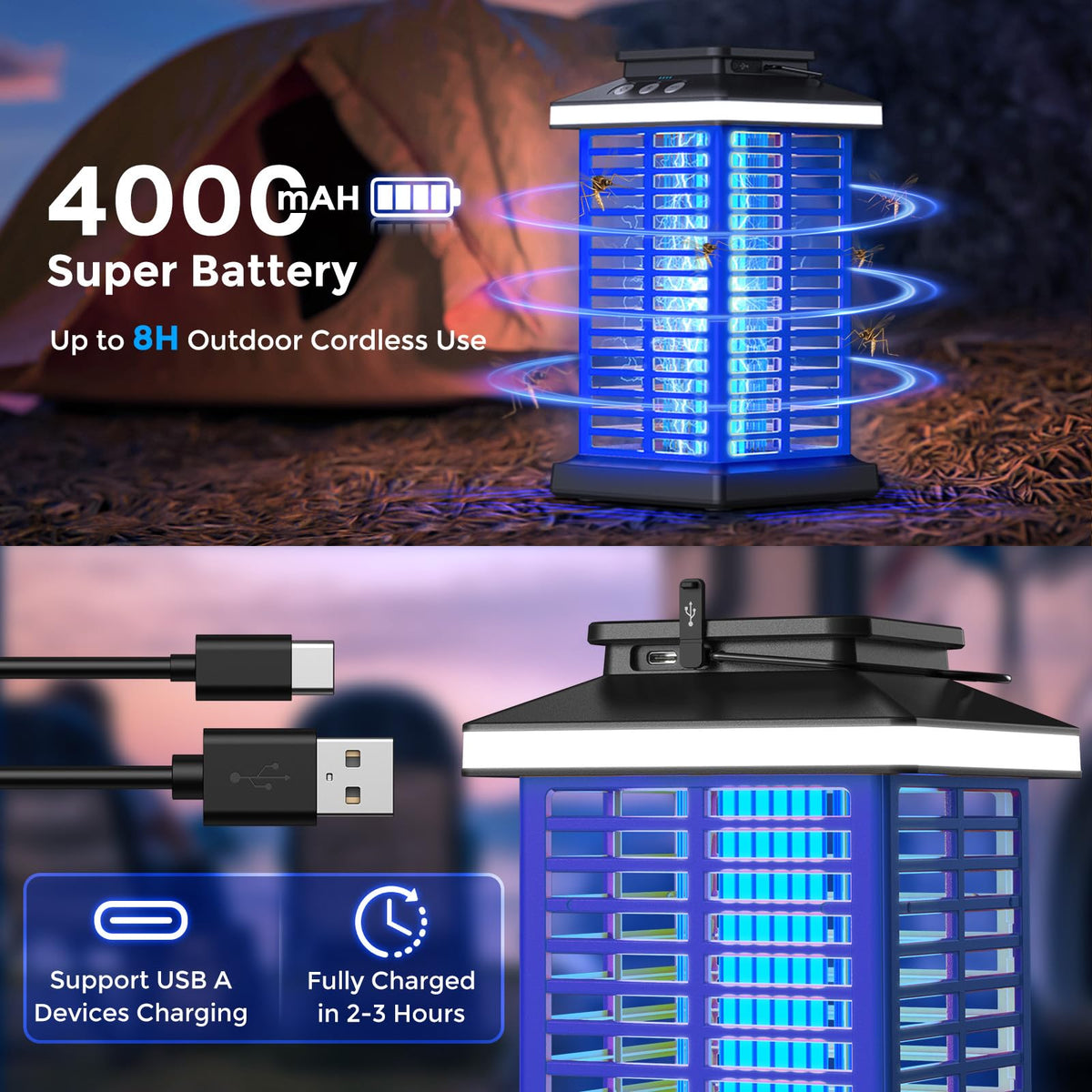 KOOSA Bug Zapper Outdoor 4000V Grid eliminates insects quickly and safely.