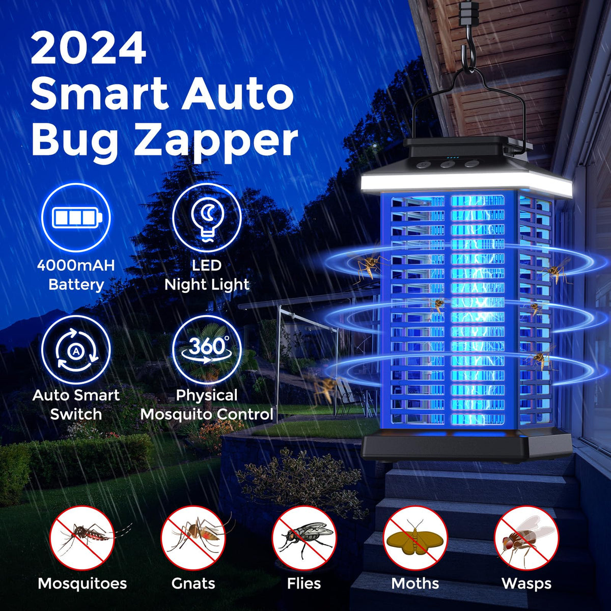 KOOSA Bug Zapper Outdoor LED Night Light provides ambient illumination while repelling insects.