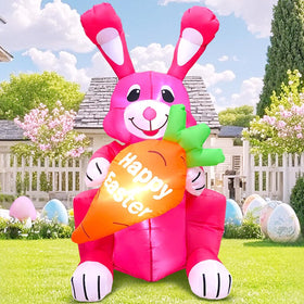 KOOY 4FT Easter Bunny inflates pink yard decor with carrot for outdoor display